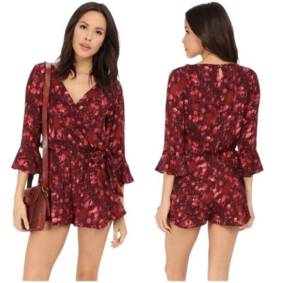 Free People All the Right Ruffles Romper in Berry Floral Wrap 3/4 Sleeve - Picture 16 of 16